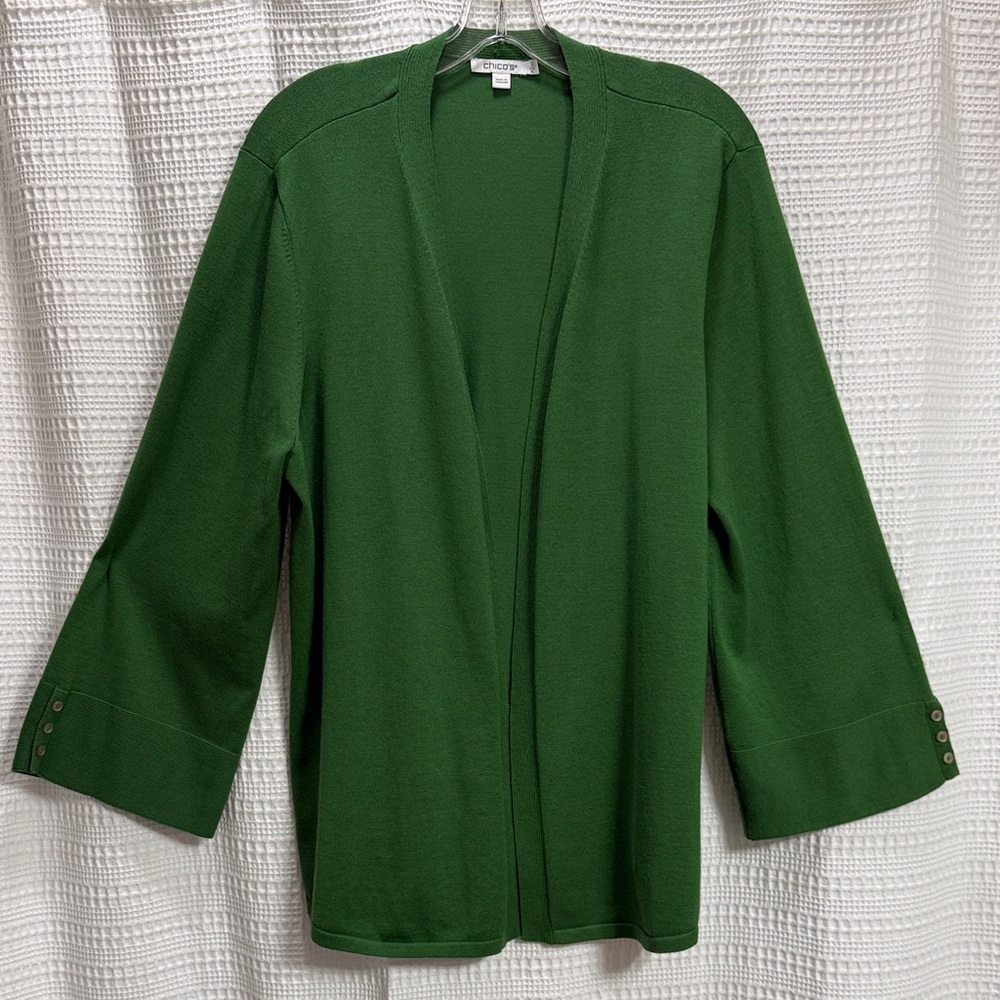 Chico's Kelly Green Open Cardigan Knit St Patricks Day Irish work casual SZ 3 XL